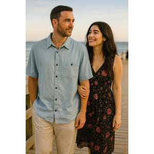 AXIS Men XL Linen Silk Blend Blue‎ Short Sleeve Button Down Shirt Summer Beach